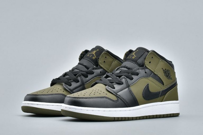 Big Kids Air Jordan 1 Retro Mid Olive Canvas/Black-White - FavSole.com