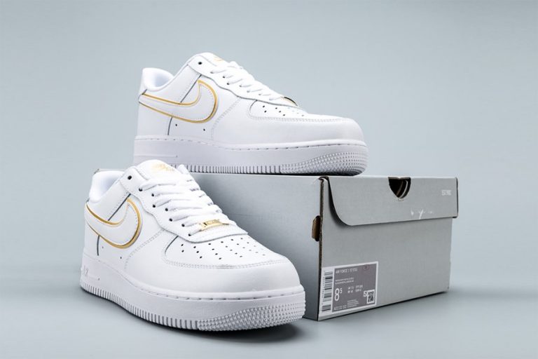 White Nike Air Force 1 07 ESS Metallic Gold Swoosh - FavSole.com