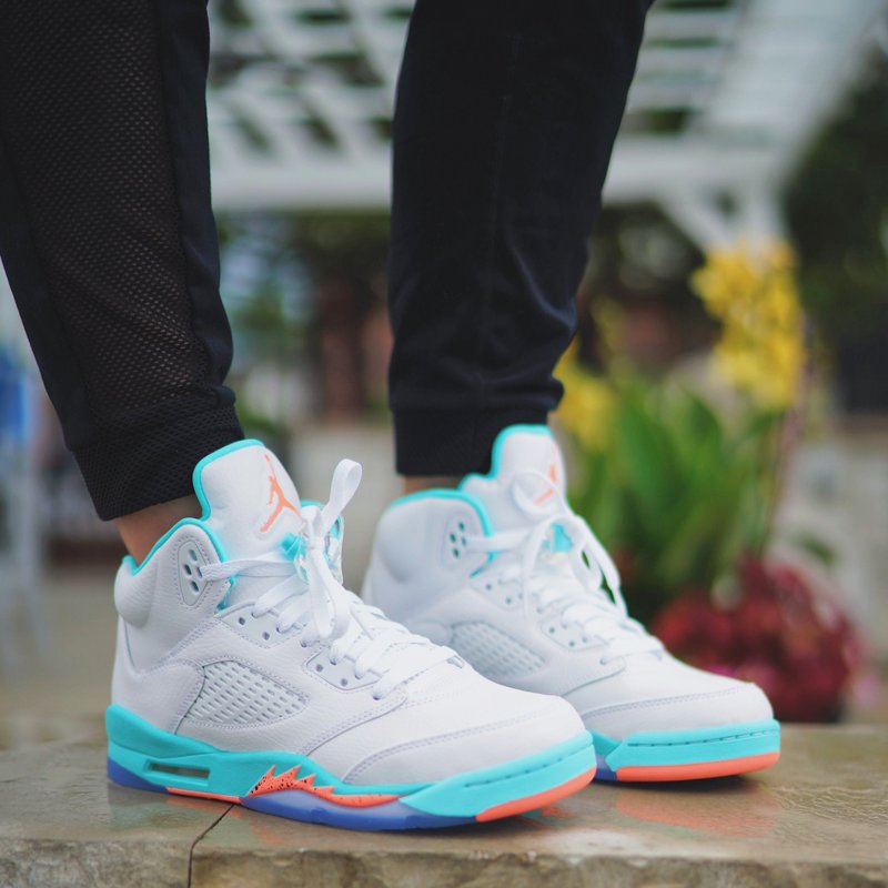 Men and Women’s Air Jordan 5 Crimson Pulse/Light Aqua-White - FavSole.com