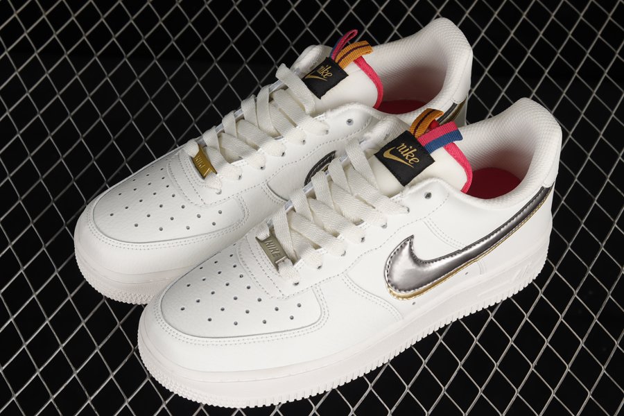 DH9595-001 White Nike Air Force 1 Low Double Swoosh Silver Gold ...